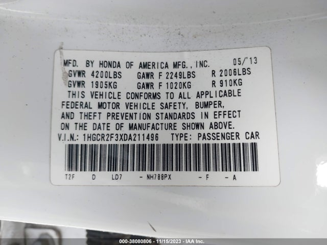 2013 HONDA ACCORD LX VIN: 1HGCR2F3XDA211496