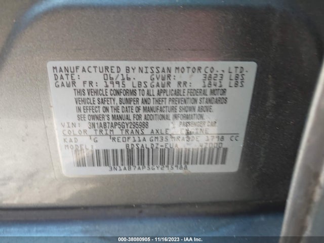 2016 NISSAN SENTRA SV VIN: 3N1AB7AP5GY295988