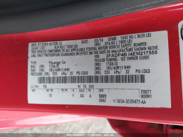 2014 FORD FIESTA SE VIN: 3FADP4BJ4EM217555