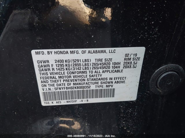 Honda Passport Elite 2019 5FNYF8H02KB008352 Image 9