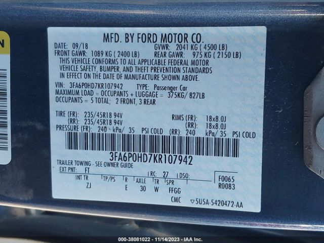 3FA6P0HD7KR107942 Ford FUSION SE