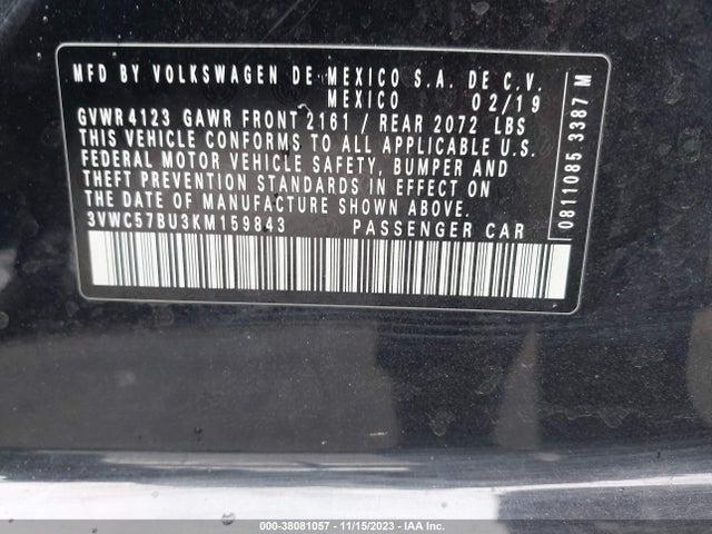 3VWC57BU3KM159843 Volkswagen Jetta 1.4t R-line/1.4t S/1.4t Se
