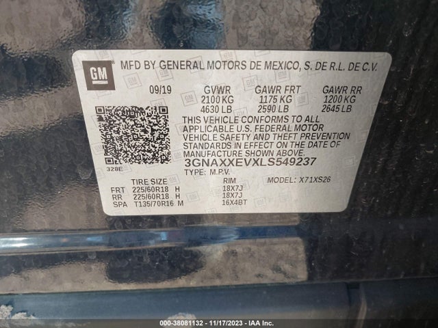 2020 CHEVROLET EQUINOX AWD PREMIER 1.5L TURBO VIN: 3GNAXXEVXLS549237