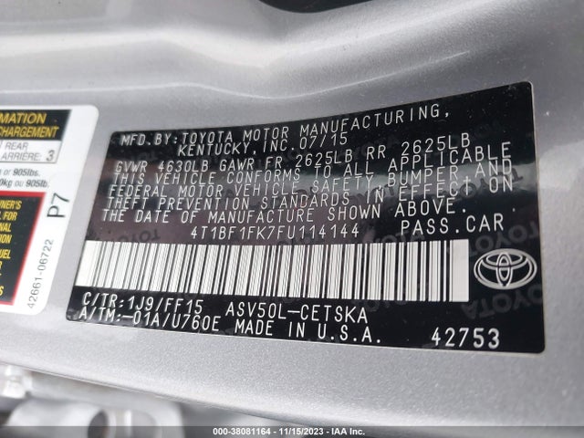 2015 TOYOTA CAMRY SE VIN: 4T1BF1FK7FU114144