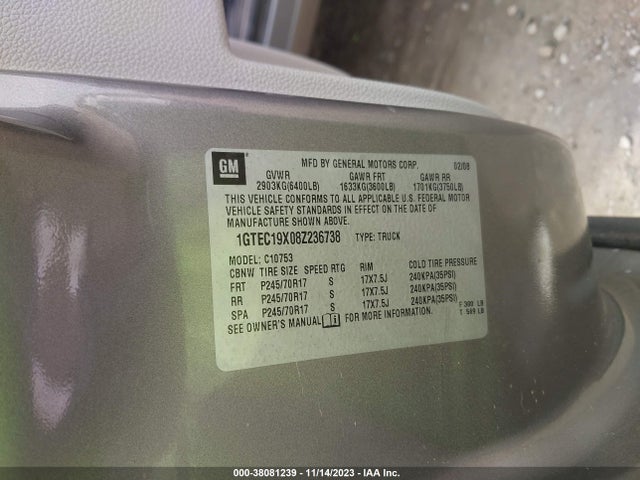 2008 GMC SIERRA 1500 WORK TRUCK VIN: 1GTEC19X08Z236738