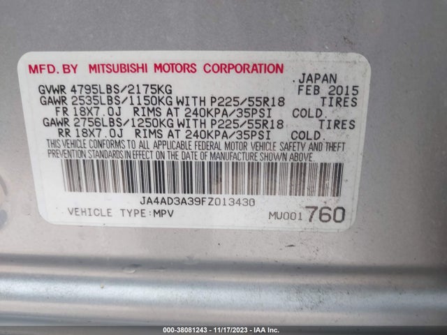 Продаж на аукціоні авто 2015 Mitsubishi Outlander Se, vin: JA4AD3A39FZ013430, номер лоту: 38081243