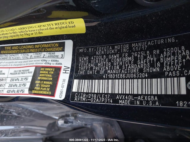 2018 TOYOTA AVALON HYBRID XLE PREMIUM VIN: 4T1BD1EB6JU063204
