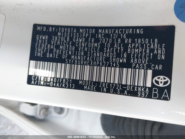 2017 TOYOTA COROLLA LE VIN: 5YFBURHEXHP627145