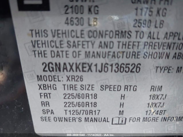 2GNAXKEX1J6136526 Chevrolet EQUINOX LT