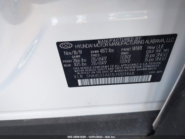 2020 HYUNDAI SANTA FE SEL VIN: 5NMS33AD1LH203468