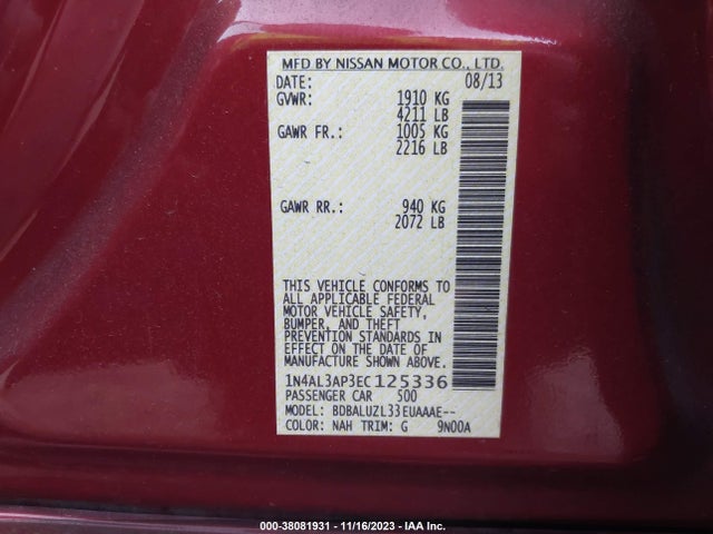 2014 NISSAN ALTIMA 2.5 SV VIN: 1N4AL3AP3EC125336