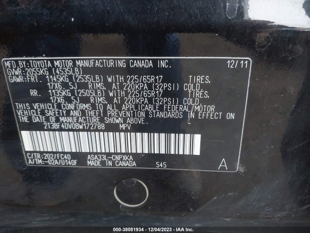 Aukcja sprzedaży 2011 Toyota Rav4, vin: 2T3BF4DV0BW172788, numer aukcji: 38081934