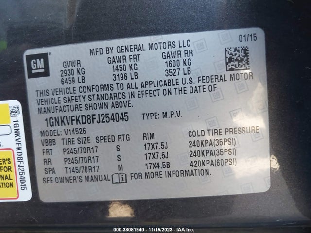 Chevrolet Traverse Ls 2015 1GNKVFKD8FJ254045 Image 9
