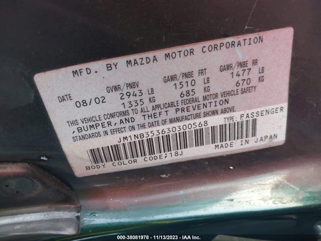 2003 MAZDA MX-5 MIATA CLOTH/LS/SE/SHINSEN VIN: JM1NB353630300568