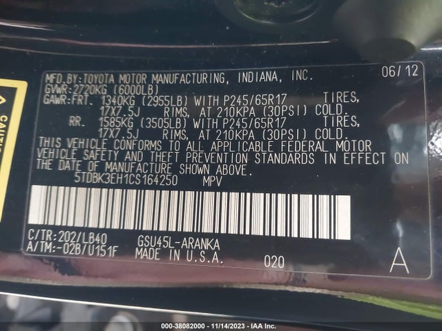 2012 TOYOTA HIGHLANDER SE V6 VIN: 5TDBK3EH1CS164250