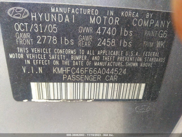 2006 HYUNDAI AZERA LIMITED/SE VIN: KMHFC46F66A044524