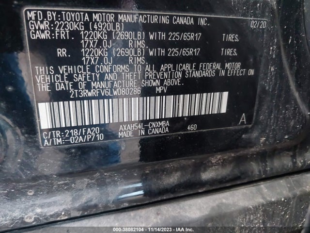 2020 TOYOTA RAV4 XLE HYBRID VIN: 2T3RWRFV6LW080286