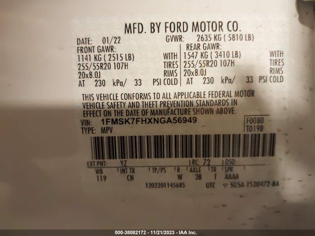 2022 FORD EXPLORER LIMITED VIN: 1FMSK7FHXNGA56949