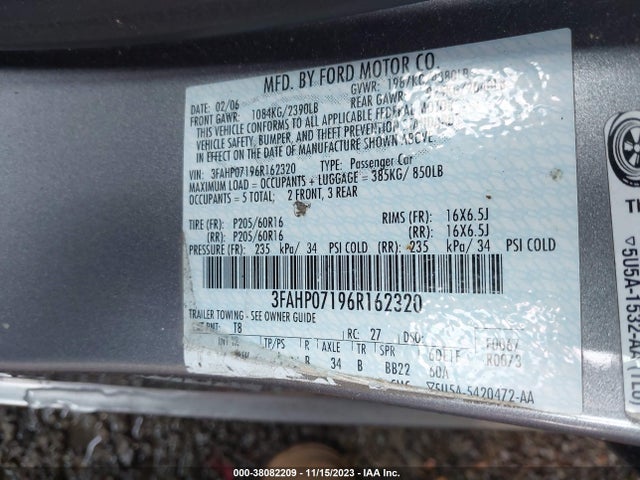 2006 FORD FUSION SE VIN: 3FAHP07196R162320