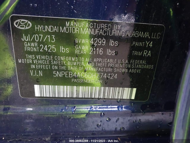 2013 HYUNDAI SONATA GLS VIN: 5NPEB4AC6DH774424
