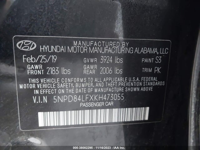 2019 HYUNDAI ELANTRA SEL VIN: 5NPD84LFXKH473055