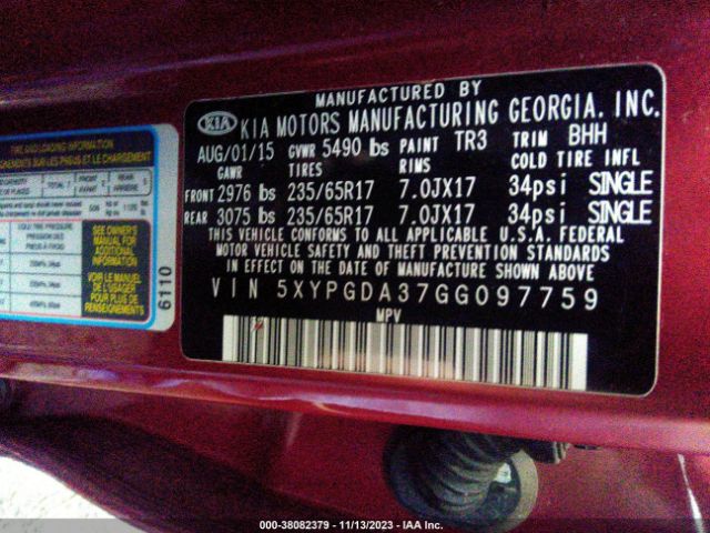 5XYPGDA37GG097759 KIA Sorento Lx/l