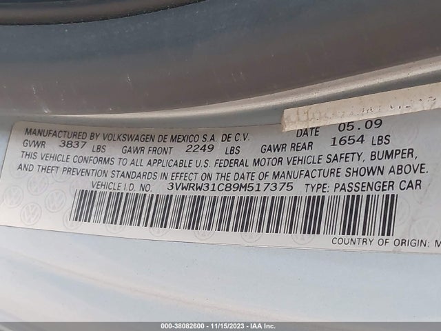 2009 VOLKSWAGEN NEW BEETLE 2.5L VIN: 3VWRW31C89M517375