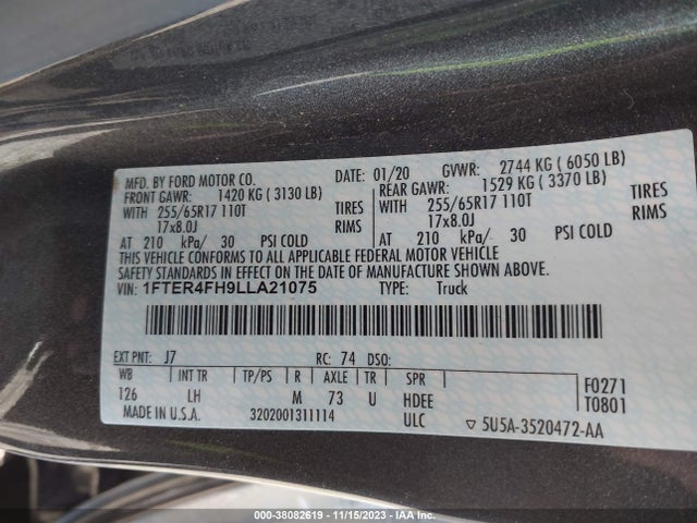 2020 FORD RANGER XLT VIN: 1FTER4FH9LLA21075