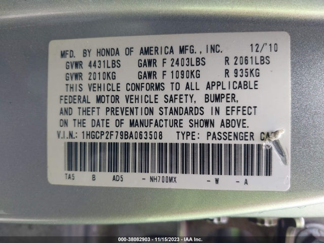 2011 HONDA ACCORD 2.4 EX VIN: 1HGCP2F79BA063508