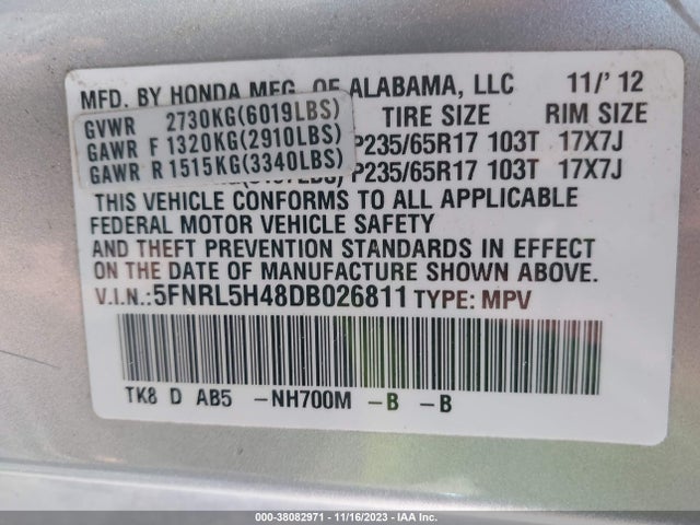 2013 HONDA ODYSSEY EX VIN: 5FNRL5H48DB026811