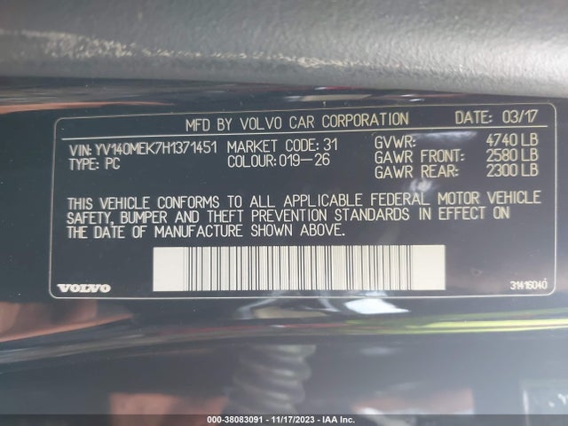 2017 VOLVO V60 T5 PREMIER VIN: YV140MEK7H1371451