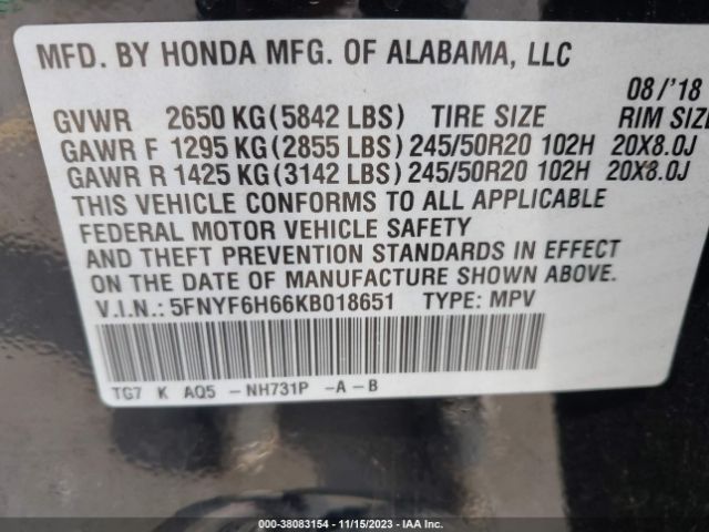 5FNYF6H66KB018651 Honda Pilot Touring