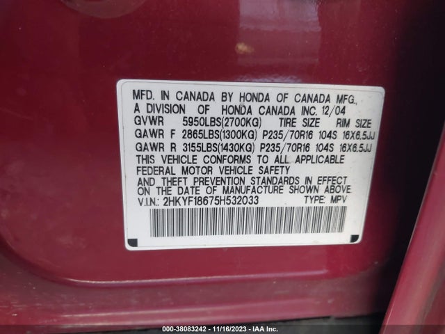 2005 HONDA PILOT EX-L VIN: 2HKYF18675H532033