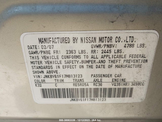 2007 INFINITI G35 SEDAN JNKBV61F17M813123 Photo 8