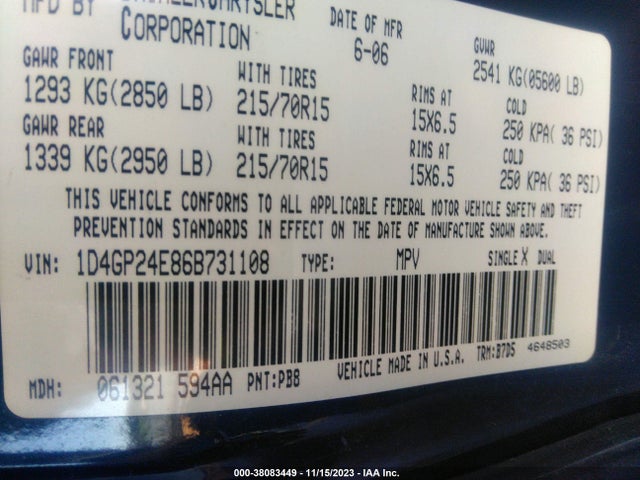 2006 DODGE GRAND CARAVAN SE VIN: 1D4GP24E86B731108