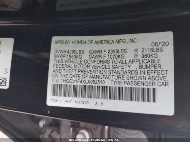 Honda ACCORD EX 2020 1HGCV1F4XLA092510 Image 9