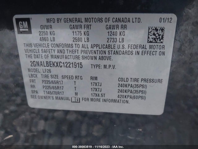 2012 CHEVROLET EQUINOX LS VIN: 2GNALBEKXC1221915