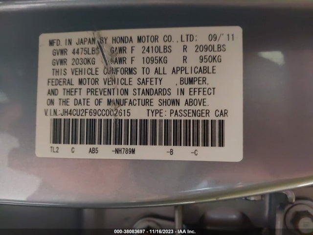 2012 ACURA TSX 2.4 VIN: JH4CU2F69CC002615