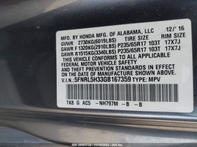 5FNRL5H33GB167359 Honda ODYSSEY SE