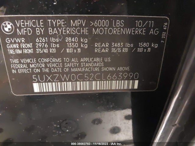 2012 BMW X5 XDRIVE35D VIN: 5UXZW0C52CL663990