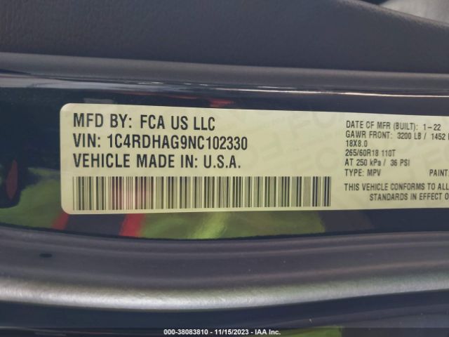 1C4RDHAG9NC102330 Dodge Durango Sxt Rwd