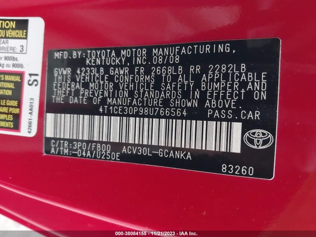 2008 TOYOTA CAMRY SOLARA SE VIN: 4T1CE30P98U766564