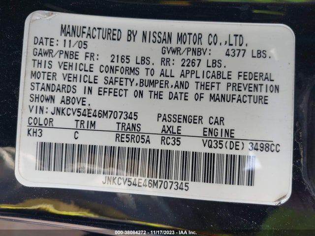 2006 INFINITI G35 VIN: JNKCV54E46M707345