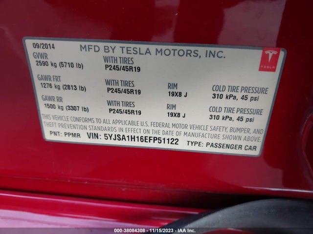 5YJSA1H16EFP51122 Tesla Model S 60 Kwh Battery/p85