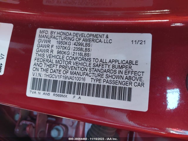 2022 HONDA ACCORD LX VIN: 1HGCV1F19NA010016