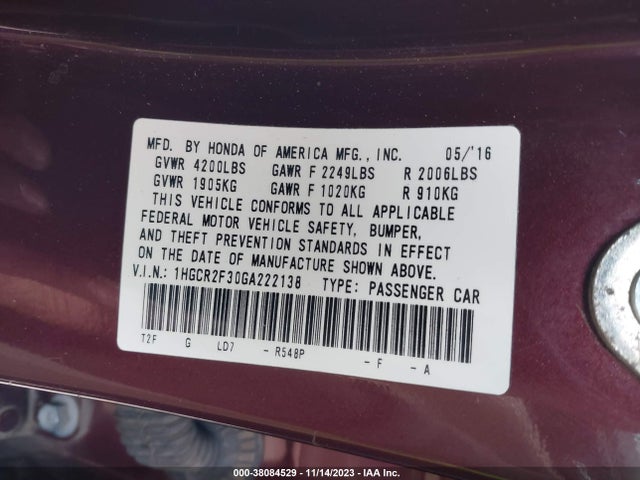 Honda ACCORD LX 2016 1HGCR2F30GA222138 Image 9