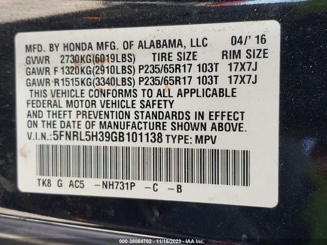 Honda ODYSSEY SE 2016 5FNRL5H39GB101138 Image 9