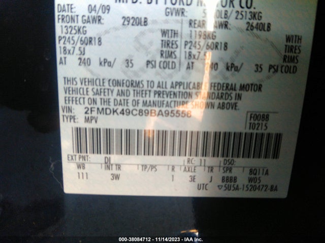 Продажа на аукционе авто 2009 Ford Edge Limited, vin: 2FMDK49C89BA95558, номер лота: 38084712