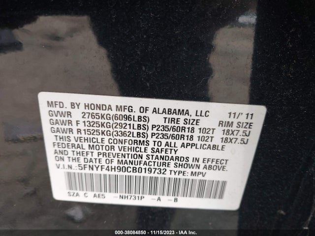 Продажа на аукционе авто 2012 Honda Pilot Touring, vin: 5FNYF4H90CB019732, номер лота: 38084850