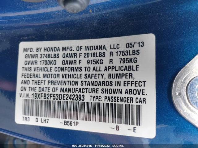 2013 HONDA CIVIC SDN LX VIN: 19XFB2F53DE242393